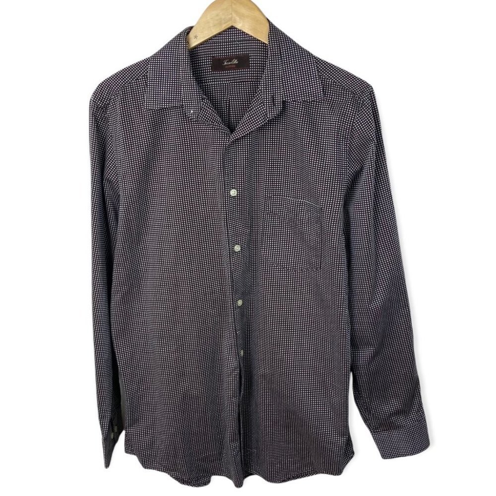 Tasso Elba Button Down Checked Shirt Size Large Cotton Brown Blue Casual Dress